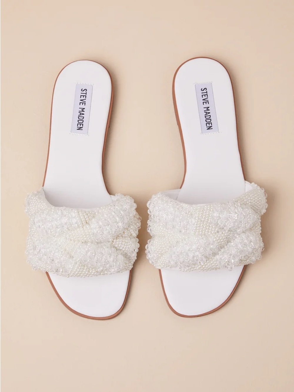 Steve Madden White Pearl-Embellished Slide Sandals